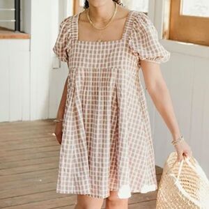 NWOT Carly Jean Los Angeles Libbey Cream/Brown Gingham Babydoll Dress Size L